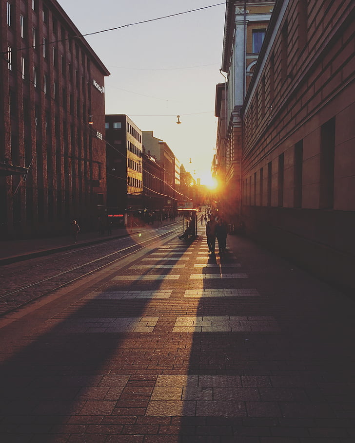 Silhouette, Menschen, Bürgersteig, Sonnenaufgang, paar, bauen, Architekturen