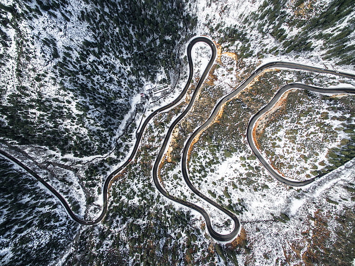 aerial, photography, winding, road, view, nature, path