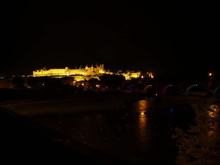 Zamek, budynek, Architektura, Carcassonne, garnizon miasta, Oświetlenie, noc