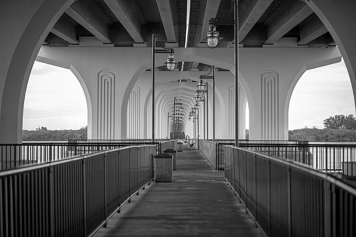 Brücke, Angeln, Angeln-Brücke, Pier, Fluss, schwarz / weiß, b w