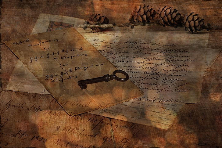 dopisy, staré, starožitnost, psaní rukou, písmo, klíč, Borovicová šiška