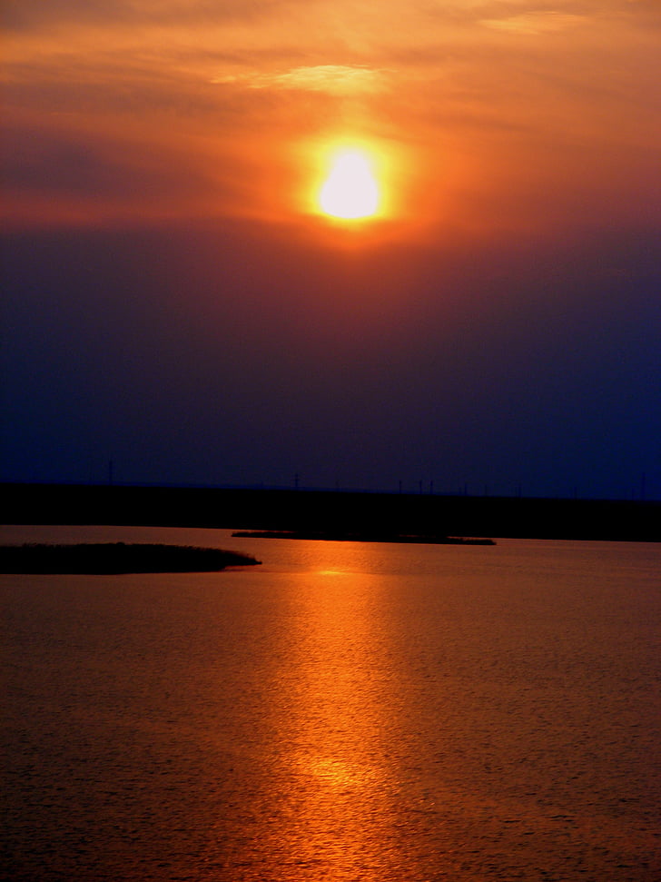 sunset, lake, reflection, sun, sky, red, beauty