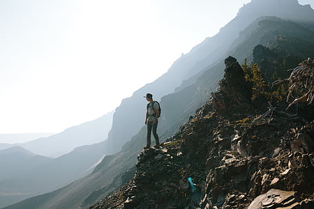 man, standing, peak, mountain, daytime, hiking, trekking
