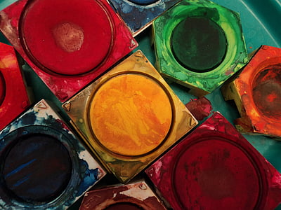color, paint boxes, tusche indian ink, paintbrushes, paint, colorful, red