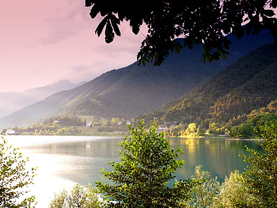 水, 湖, ツリー, 自然, イタリア, ledro, 風景