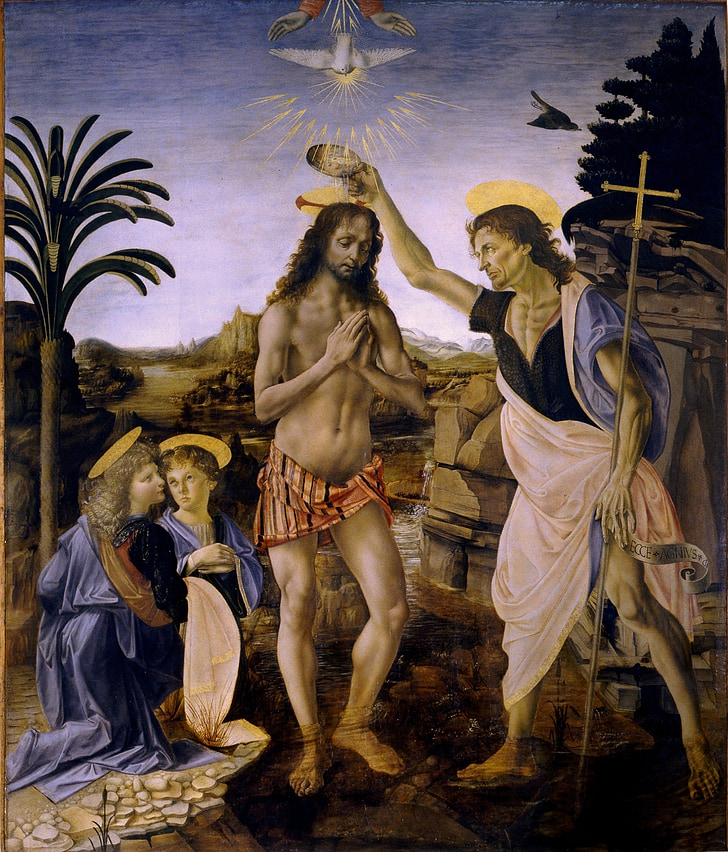 Kristuksen kasteen, Leonardo da vinci, Andrea del Verrocchioon, Saint-Jean baptist, Jeesus, 1472-1475, taideteos