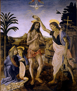 pembaptisan Kristus, Leonardo de vinci, Andrea del verrocchio, Pembaptis Saint jean, Yesus, 1472-1475, karya seni