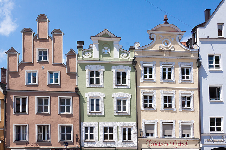 fasade, renesanse, Landshutu, Bavarska, Nemčija, sonce, stavbe