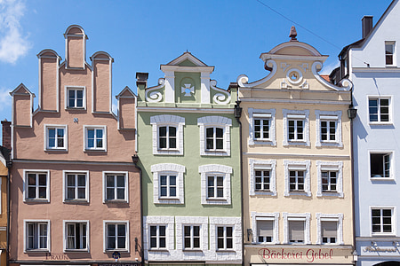 fasādes, renesanses, Landshut, Bavaria, Vācija, saule, ēka