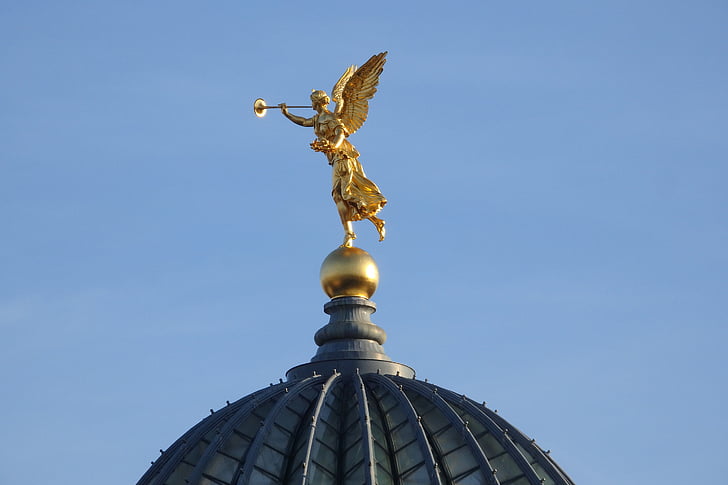 Dresden, Academia de Bellas Artes, oro, edificio de cúpula, trompeta, Ángel, Sajonia
