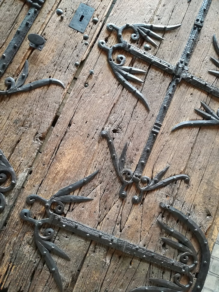 dveře, dřevo, železo, staré, staré dveře, aldaba, středověké