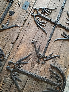 porta, fusta, ferro, vell, antiga porta, Aldaba, medieval