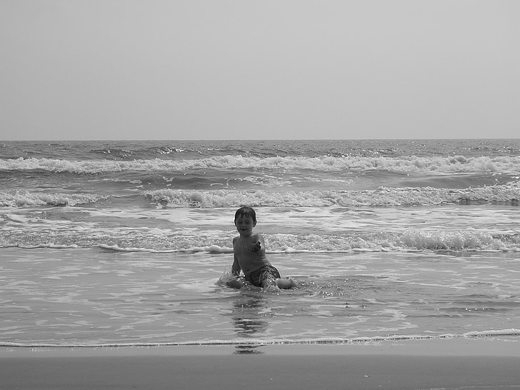 Plaża, chłopiec, czarno-białe, Latem, dziecko, wakacje, Rodzina