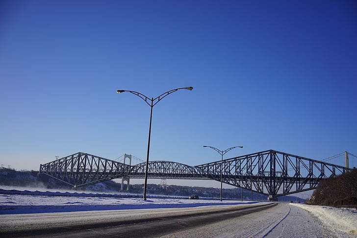 Ponte sospeso, Ponte, Québec, inverno, St lawrence river, ghiaccio, città