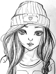 girl, cap, t shirt, drawing, young, long hair