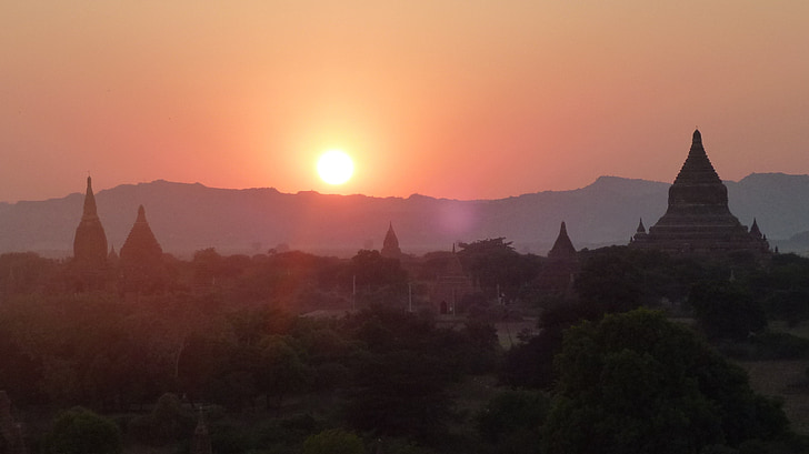 puesta de sol, antigua, ruinas, paisaje, Myanmar, Bagan, desierto