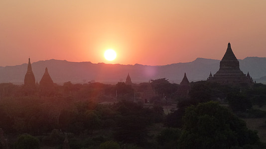 zonsondergang, oude, ruïnes, landschap, Myanmar, Bagan, wildernis