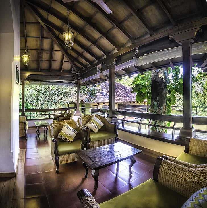 wood, chair, resort, karnataka, reception, interiors, table