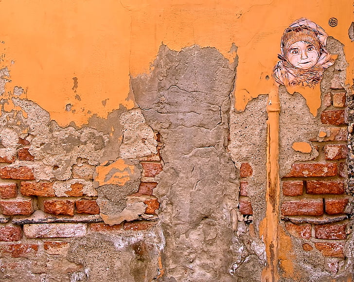 Orange, dinding, seni, cat, batu, bata, lama