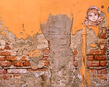 narančasta, zid, umjetnost, boja, stijene, zidanje ciglom, Stari