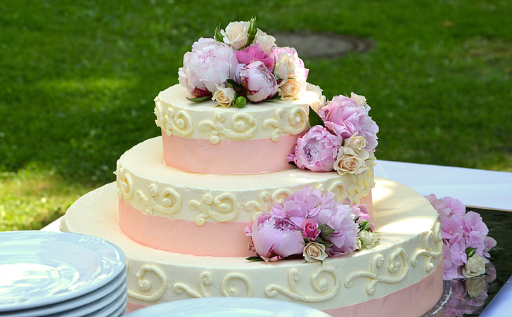 slagroom taart, bruiloft, taart, heerlijke, huwelijk, trouwen, rozen