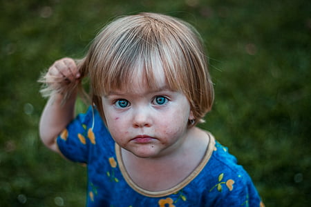 φωτογραφία, μικρό παιδί, φορώντας, μπλε, floral, πλήρωμα, αυχένα