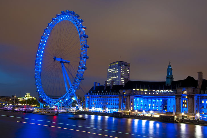 London Eye-maailmanpyörä, Lontoo, Iso-Britannia, Englanti, Mielenkiintoiset kohteet:, yö, Maailmanpyörä