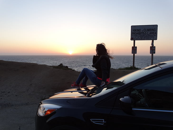 sunset, car, landscape, travel, sky, blue, highway