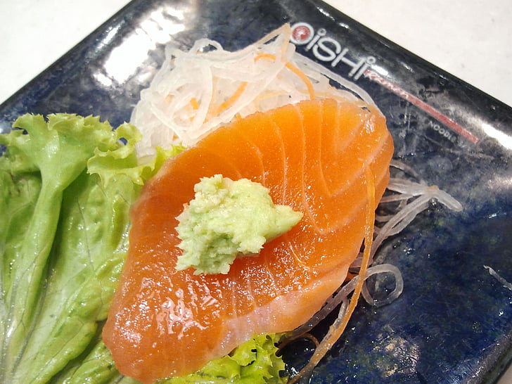 peixe cru, Sha xin hotel, comida, 6-7 anos, delicioso, salmão, Wasabi