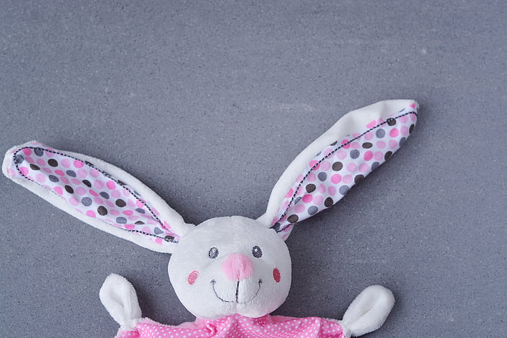 hare, fabric bunny, security blanket, doudou, pink, white, fabric