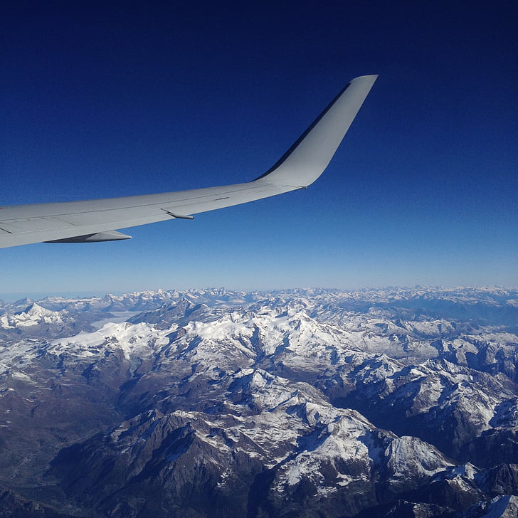 Alpen, perjalanan, kursi jendela, terbang, penerbangan, pegunungan, pesawat
