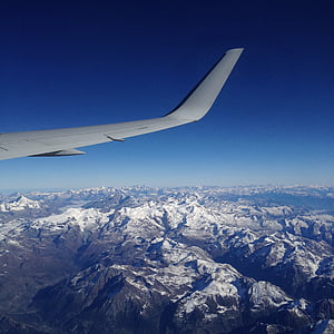 Alpen, perjalanan, kursi jendela, terbang, penerbangan, pegunungan, pesawat
