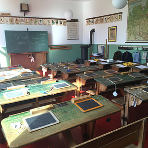 school, schulbank, board, class room, formerly, indoors, table