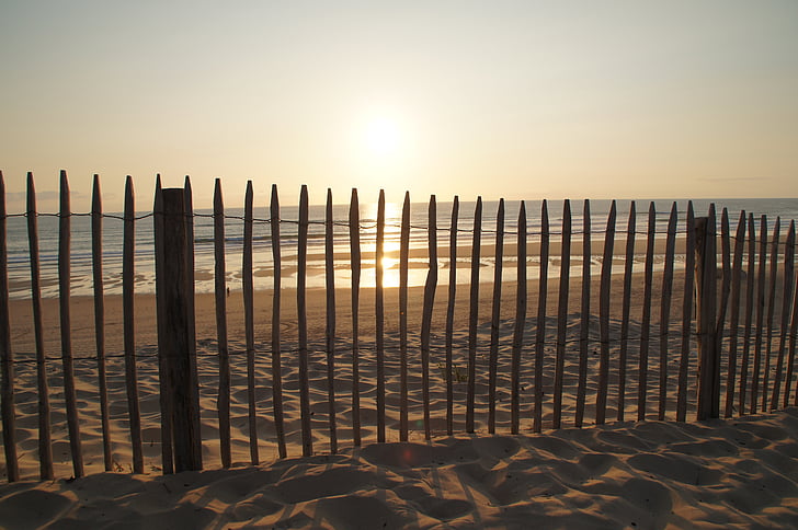 coucher de soleil, clôture, océan, Biscarrosse, mer, Atlantique, dune