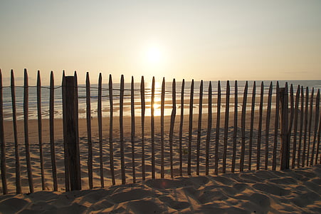 sunset, fence, ocean, biscarrosse, sea, atlantic, dune