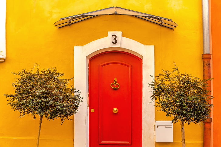 vrata, steno, rdeča, rumena, domov, vhod, zunanji