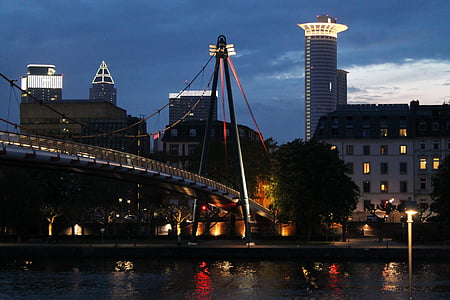 Frankfurt, Bridge, gångbro, belysning, huvudsakliga, floden, Frankfurt am main Tyskland