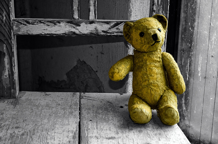 antiguo, oso de, juguete, niño, ocultar, solo, abandonado