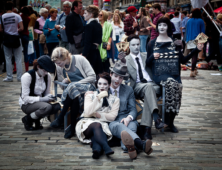 straatartiesten, Edinburgh fringe, Acteurs, artiesten, make-up, kostuums, mensen