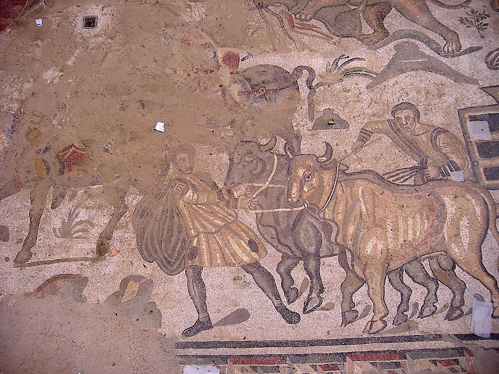 mosaïque, Piazza armerina, Sicile, restauration d’Enna, oeuvre, antique
