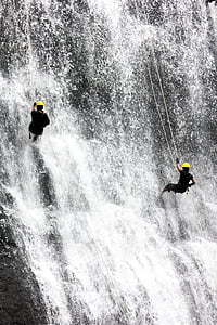 waterfall, people, two, rappelling, climbing, adventure, water