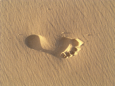 voetafdruk, zand, strand, blote voeten, voet, voetstap, menselijke