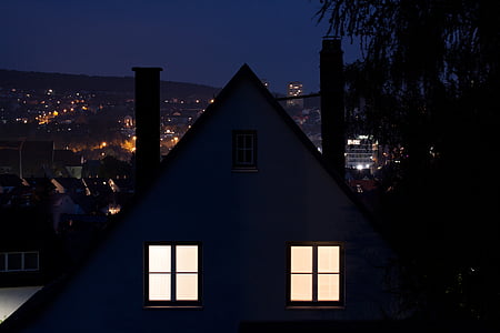 night, home, 2 window, apartment, enlightened, light, lighting