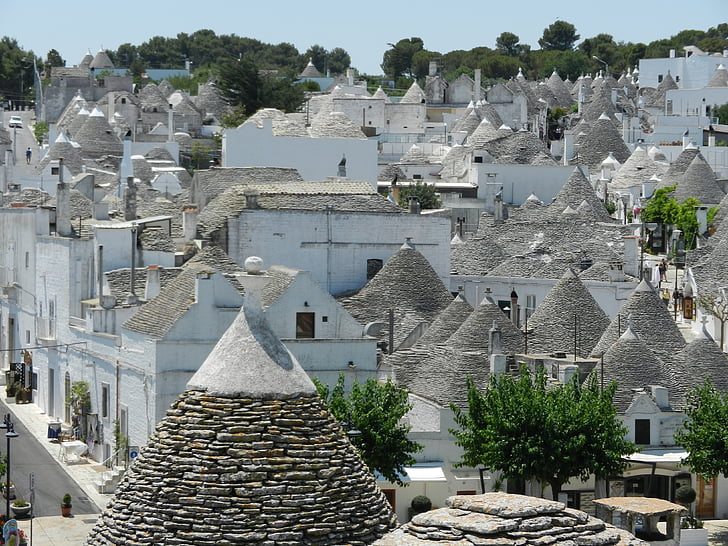 falu, építészeti, Olaszország, Puglia, Alberobello, Nyaralókunyhó, Családi házak