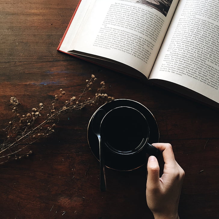 book, caffeine, coffee, cup, drink, hand, page