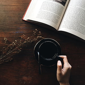 könyv, koffein, kávé, kupa, ital, kéz, oldal