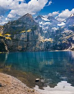 Lago, montañas, paisaje, naturaleza, Lago oeschinen, Kandersteg, Suiza