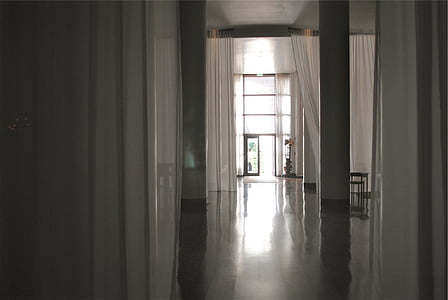 Blanco, ventana, cortinas, cortinas, interior, decoración, pilares