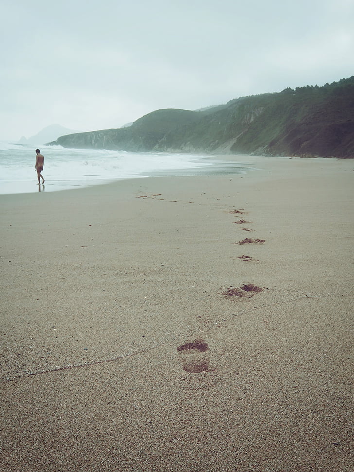 muž, chôdza, more, vedľajšie, Dĺžka, Beach, nahý muž