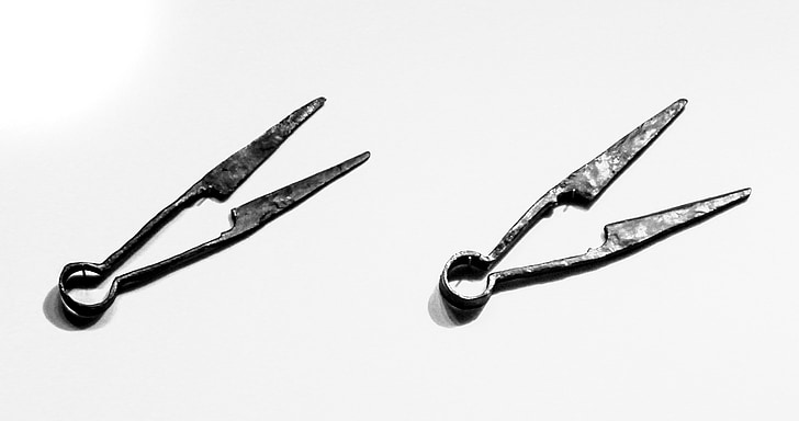 średniowieczne nożyczki, stary, czarno-białe, historyczne, metalu, starożytne, małe